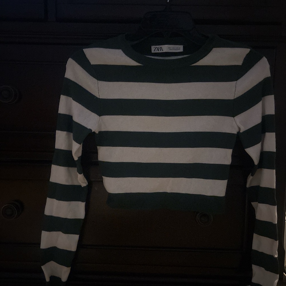 Zara Forest Green and Cream Striped Sweater